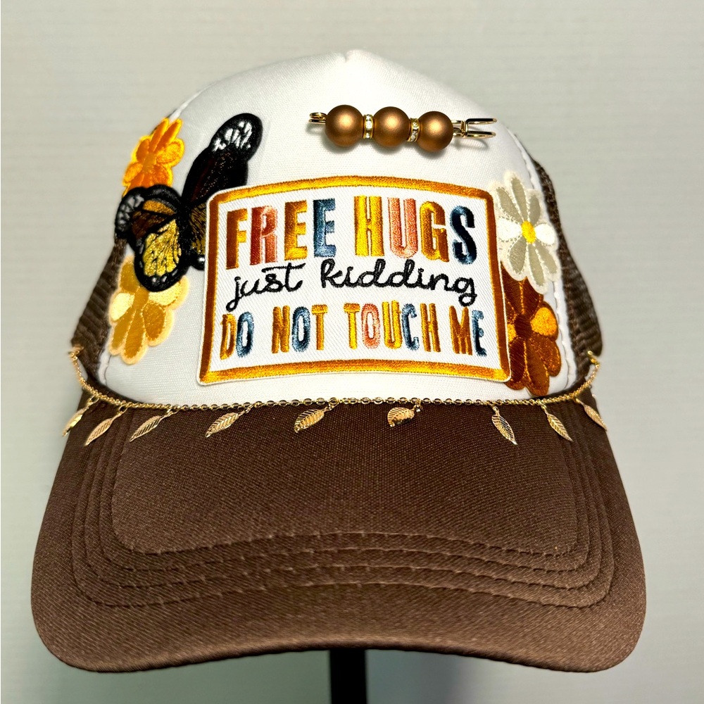 Brown and White Embroidered Cap with Playful Text